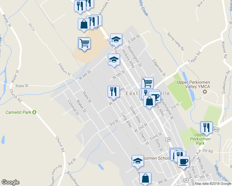 map of restaurants, bars, coffee shops, grocery stores, and more near 105 Cherry Street in East Greenville