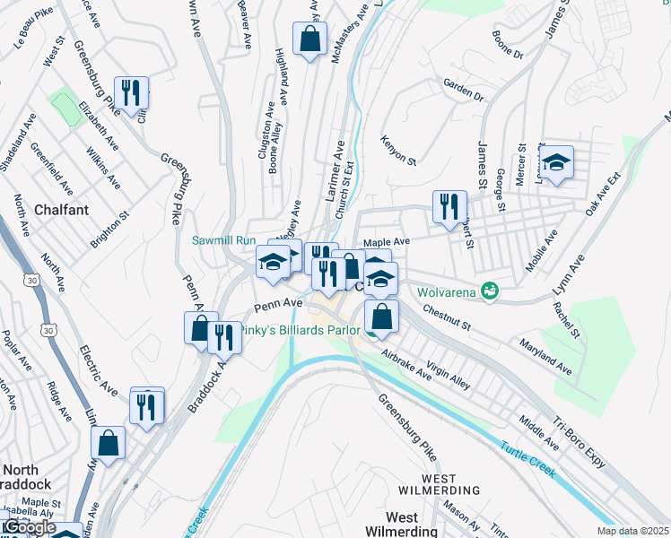 map of restaurants, bars, coffee shops, grocery stores, and more near 200 Church Street in Turtle Creek