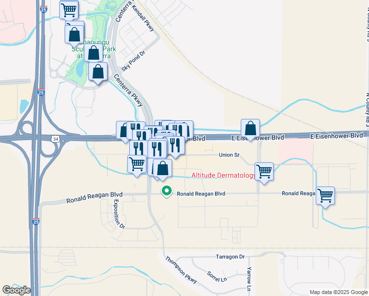 map of restaurants, bars, coffee shops, grocery stores, and more near 4880 Thompson Parkway in Johnstown