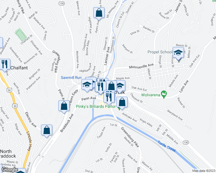 map of restaurants, bars, coffee shops, grocery stores, and more near 200 Tri-Boro Expressway in Turtle Creek