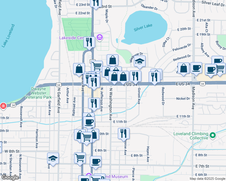 map of restaurants, bars, coffee shops, grocery stores, and more near 430 East Eisenhower Boulevard in Loveland