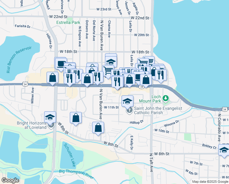map of restaurants, bars, coffee shops, grocery stores, and more near 1712 West Eisenhower Boulevard in Loveland