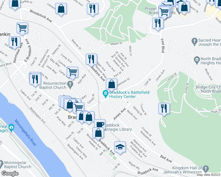 map of restaurants, bars, coffee shops, grocery stores, and more near 564 Hawkins Avenue in Braddock