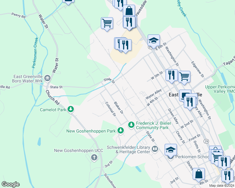 map of restaurants, bars, coffee shops, grocery stores, and more near 308 Forge Road in East Greenville