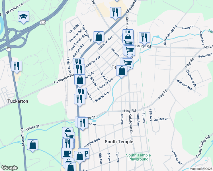 map of restaurants, bars, coffee shops, grocery stores, and more near 628 Columbia Avenue in Temple