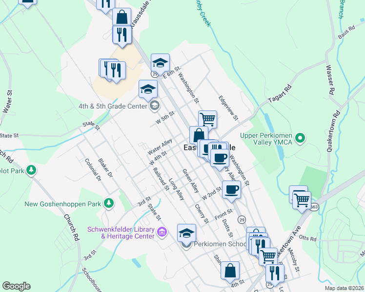 map of restaurants, bars, coffee shops, grocery stores, and more near 404 Main Street in East Greenville