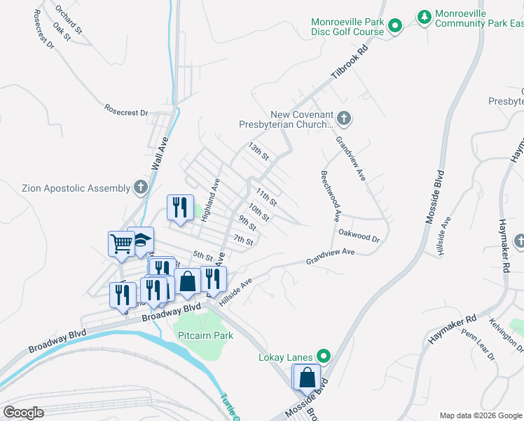 map of restaurants, bars, coffee shops, grocery stores, and more near 738 10th Street in Pitcairn