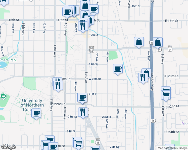 map of restaurants, bars, coffee shops, grocery stores, and more near 1925 7th Avenue in Greeley