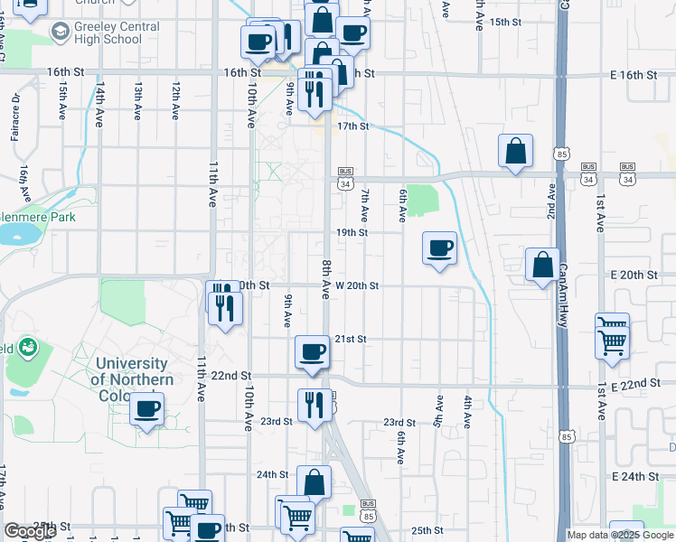 map of restaurants, bars, coffee shops, grocery stores, and more near 1920 U.S. 85 Business in Greeley