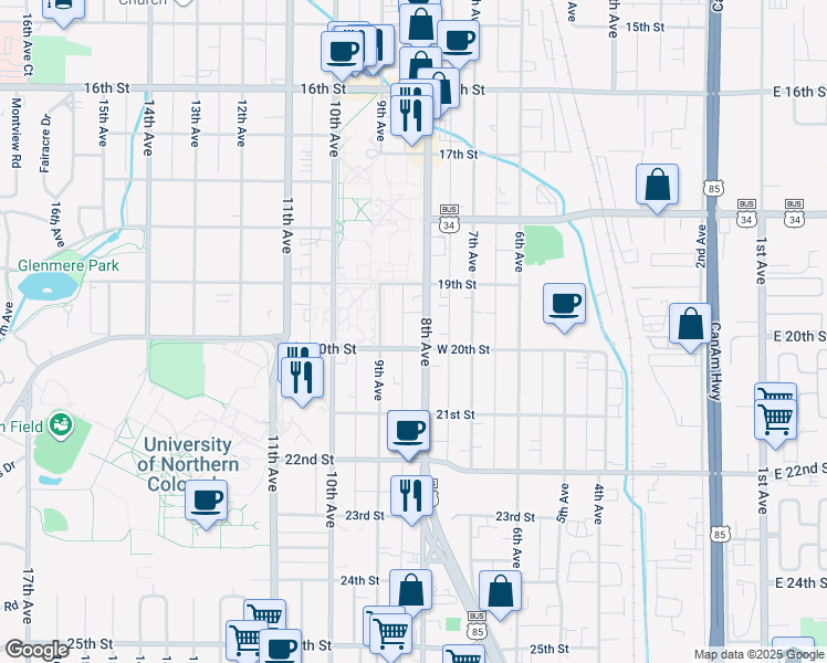 map of restaurants, bars, coffee shops, grocery stores, and more near 1920 U.S. 85 Business in Greeley