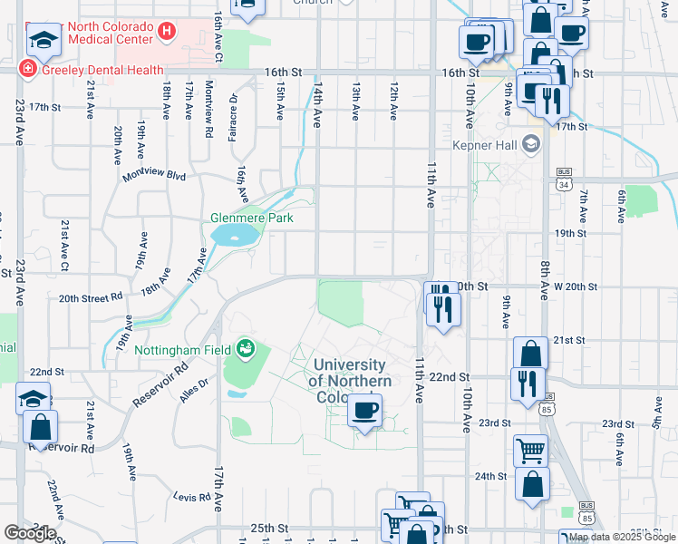 map of restaurants, bars, coffee shops, grocery stores, and more near 1928 14th Avenue in Greeley