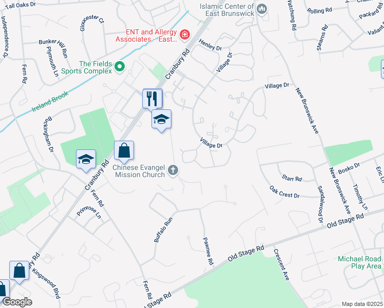 map of restaurants, bars, coffee shops, grocery stores, and more near 15 Morgan Place in East Brunswick