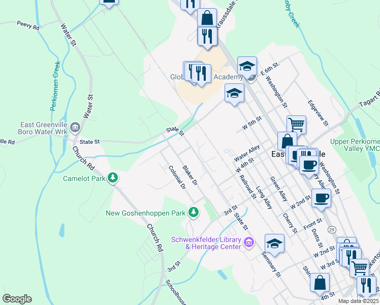 map of restaurants, bars, coffee shops, grocery stores, and more near 542 State Street in East Greenville