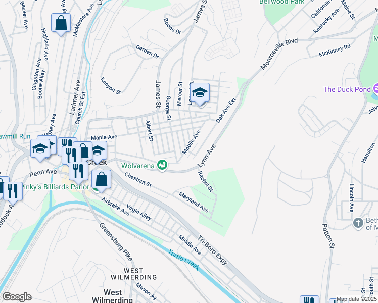 map of restaurants, bars, coffee shops, grocery stores, and more near 312 Mercer Street in Turtle Creek
