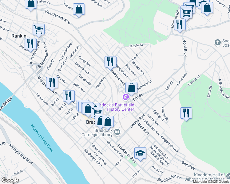map of restaurants, bars, coffee shops, grocery stores, and more near 529 Corey Avenue in Braddock