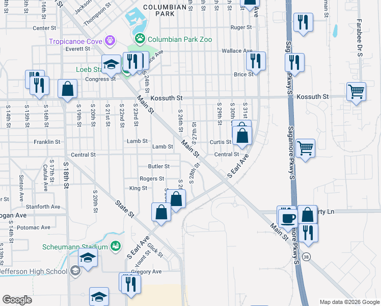 map of restaurants, bars, coffee shops, grocery stores, and more near 2611 Main Street in Lafayette
