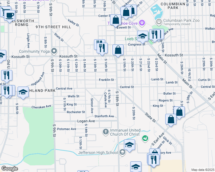 map of restaurants, bars, coffee shops, grocery stores, and more near 1004 South 16th Street in Lafayette