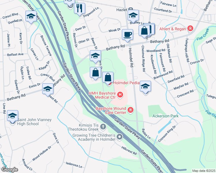 map of restaurants, bars, coffee shops, grocery stores, and more near 717 North Beers Street in Holmdel