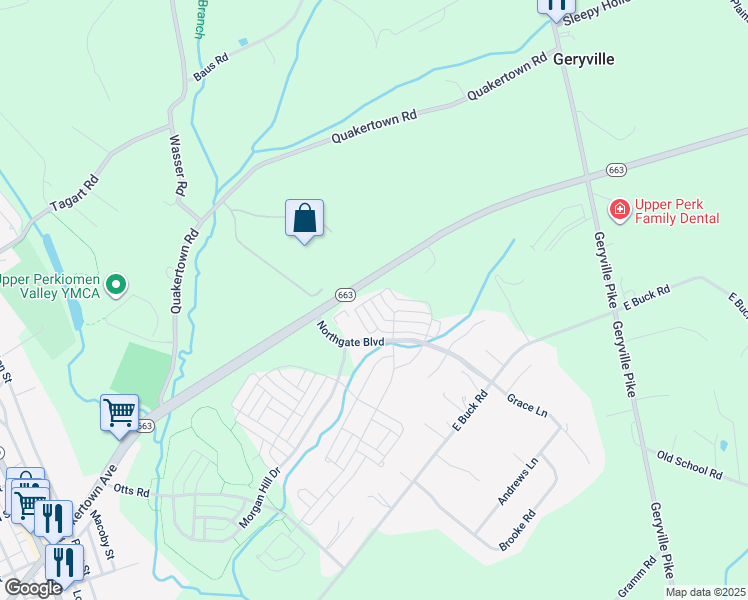 map of restaurants, bars, coffee shops, grocery stores, and more near 3095 Davenport Way in Pennsburg
