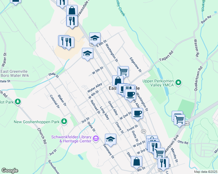 map of restaurants, bars, coffee shops, grocery stores, and more near 404 Main Street in East Greenville