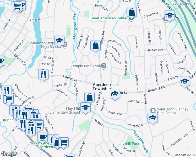 map of restaurants, bars, coffee shops, grocery stores, and more near 529 Lloyd Road in Monmouth County