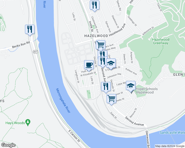 map of restaurants, bars, coffee shops, grocery stores, and more near 5101 1/2 Lytle Street in Pittsburgh