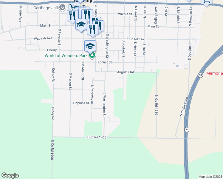 map of restaurants, bars, coffee shops, grocery stores, and more near 499 South Washington Street in Carthage