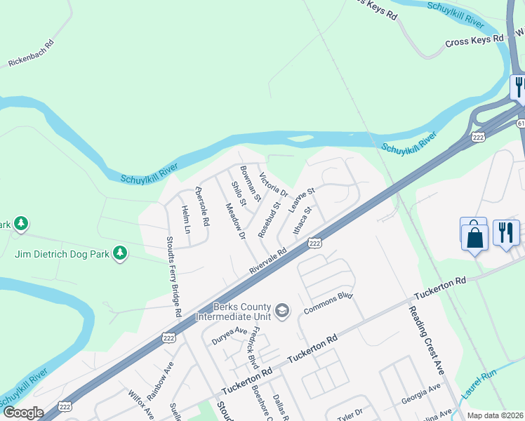 map of restaurants, bars, coffee shops, grocery stores, and more near 1017 Sunny Ridge Road in Reading