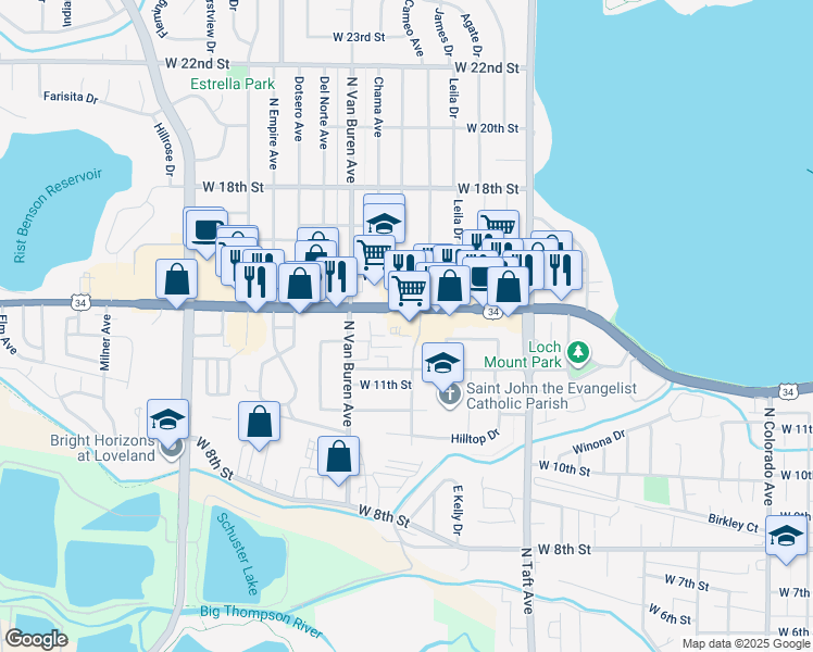 map of restaurants, bars, coffee shops, grocery stores, and more near 1712 West Eisenhower Boulevard in Loveland