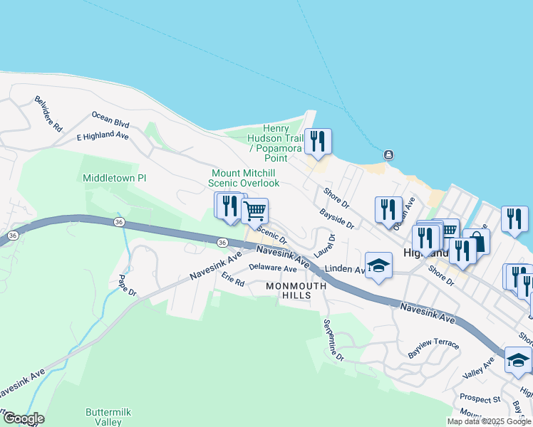 map of restaurants, bars, coffee shops, grocery stores, and more near 1 Scenic Drive in Highlands