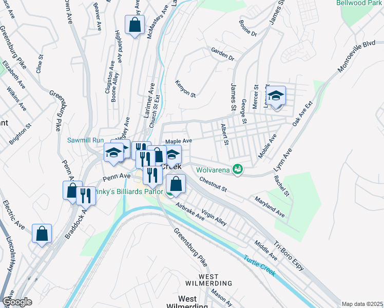 map of restaurants, bars, coffee shops, grocery stores, and more near 835 Elizabeth Street in Turtle Creek