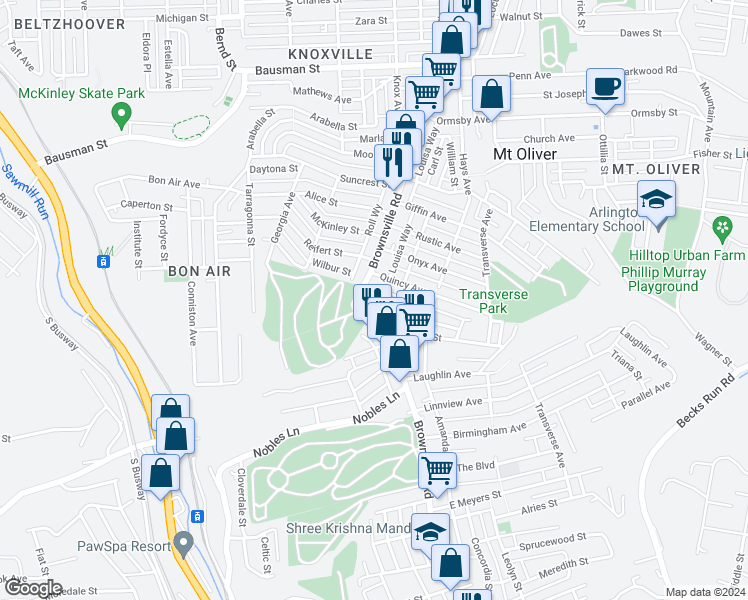 map of restaurants, bars, coffee shops, grocery stores, and more near 915 Brownsville Road in Pittsburgh