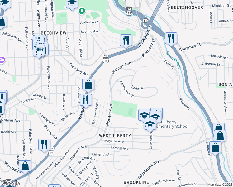 map of restaurants, bars, coffee shops, grocery stores, and more near 510 Southcrest Drive in Pittsburgh
