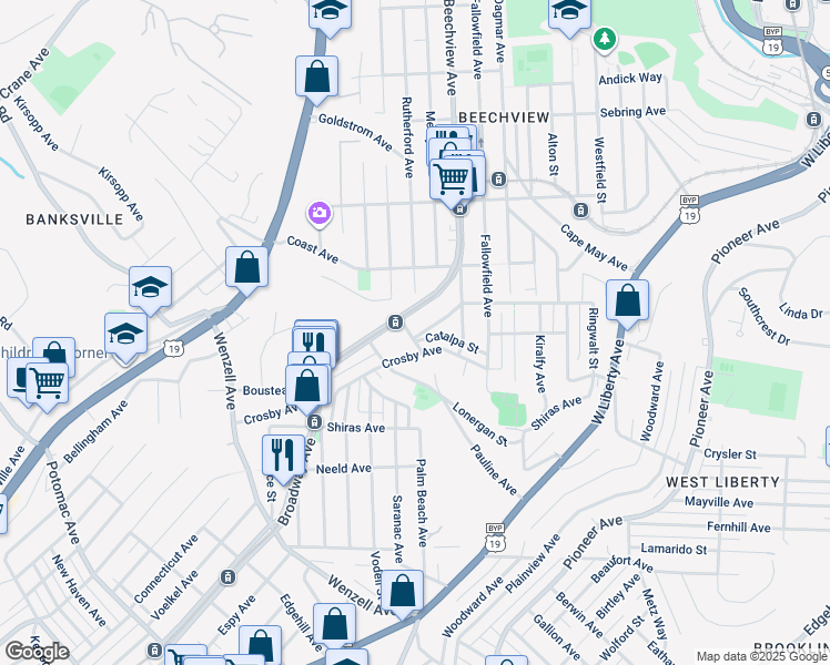 map of restaurants, bars, coffee shops, grocery stores, and more near 1817 Broadway Avenue in Pittsburgh
