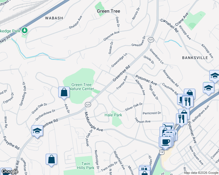 map of restaurants, bars, coffee shops, grocery stores, and more near 1181 Greentree Road in Pittsburgh