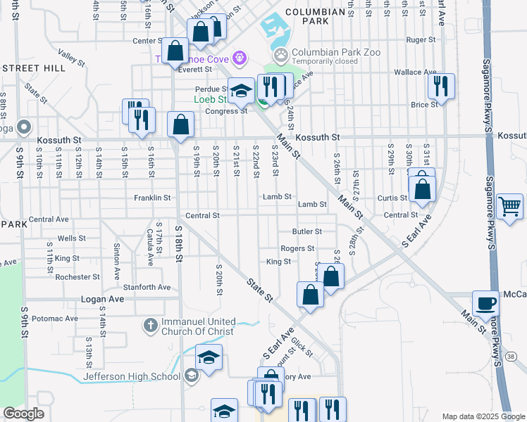 map of restaurants, bars, coffee shops, grocery stores, and more near 2223 Lamb Street in Lafayette