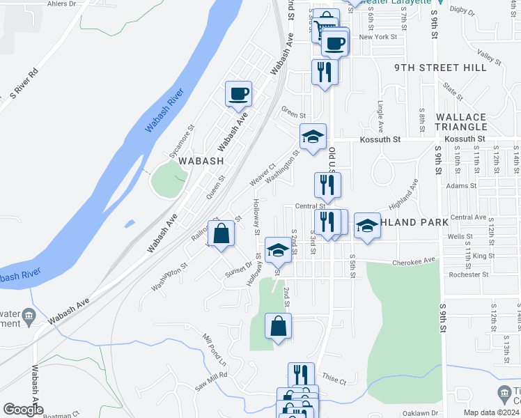 map of restaurants, bars, coffee shops, grocery stores, and more near 934 Holloway Street in Lafayette