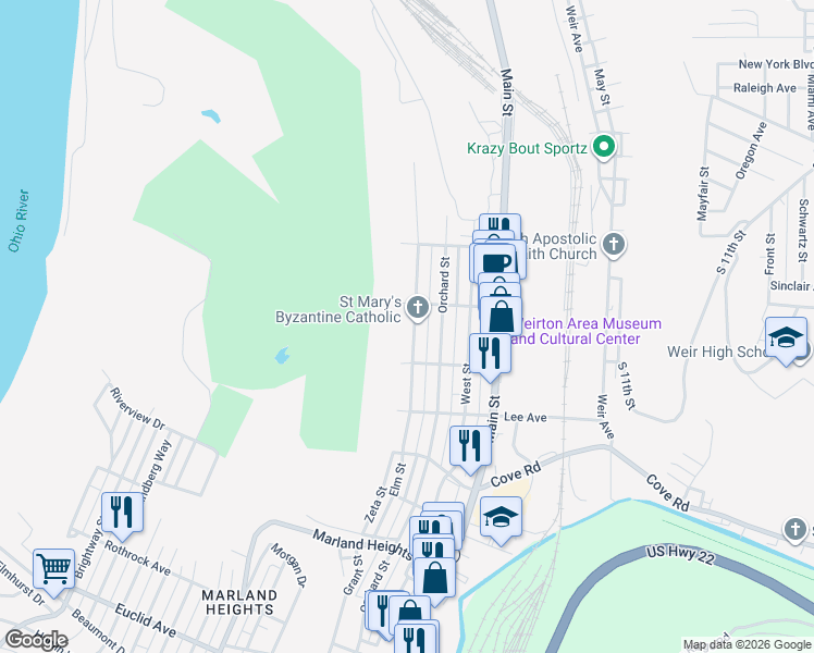 map of restaurants, bars, coffee shops, grocery stores, and more near 3111 Elm Street in Weirton