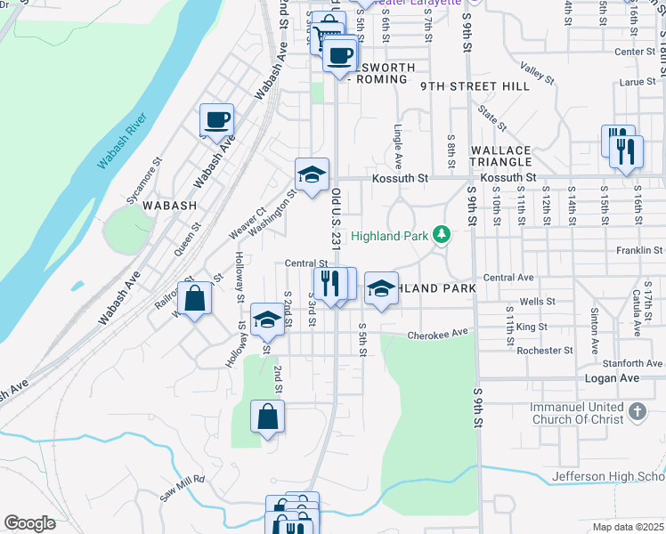 map of restaurants, bars, coffee shops, grocery stores, and more near 1002 South 4th Street in Lafayette