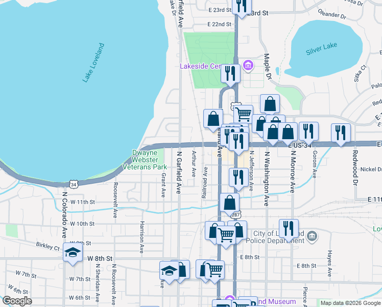map of restaurants, bars, coffee shops, grocery stores, and more near 1346 Arthur Avenue in Loveland