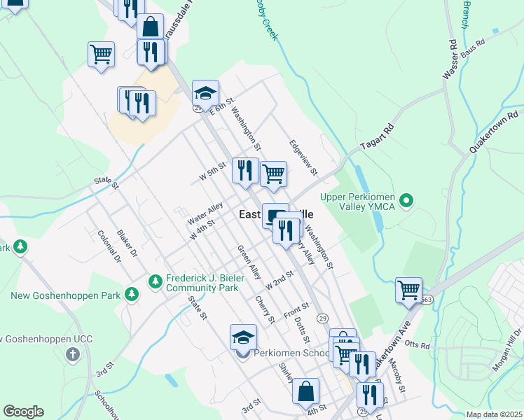 map of restaurants, bars, coffee shops, grocery stores, and more near 334 Main Street in East Greenville