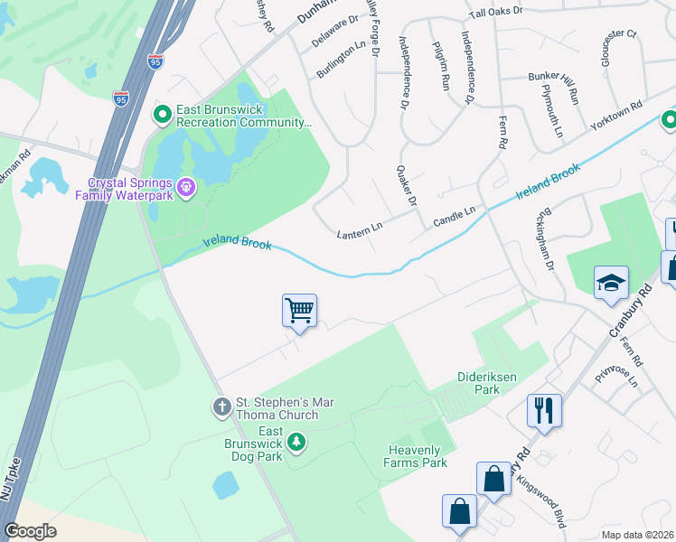 map of restaurants, bars, coffee shops, grocery stores, and more near 8 Winthrop Court in East Brunswick