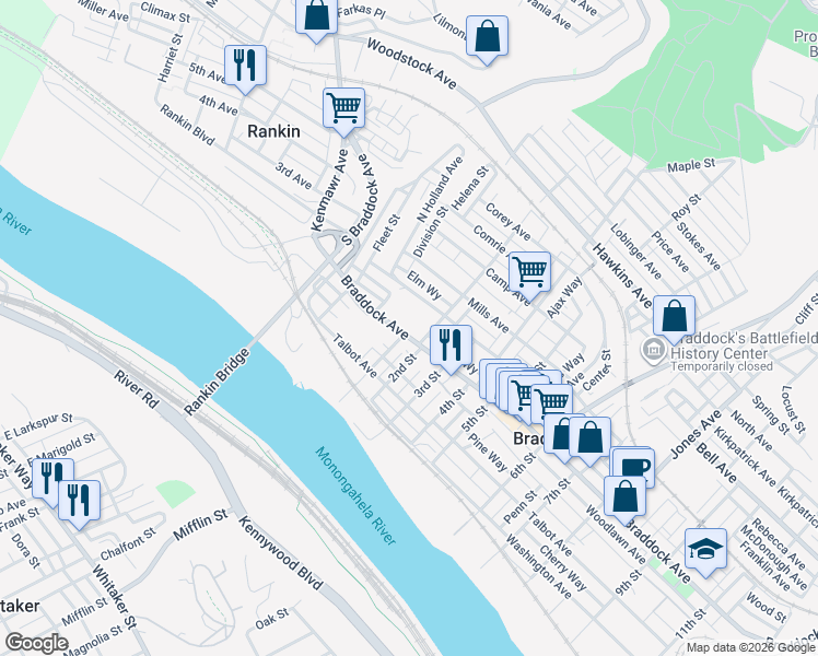 map of restaurants, bars, coffee shops, grocery stores, and more near 40 Holland Avenue in Braddock