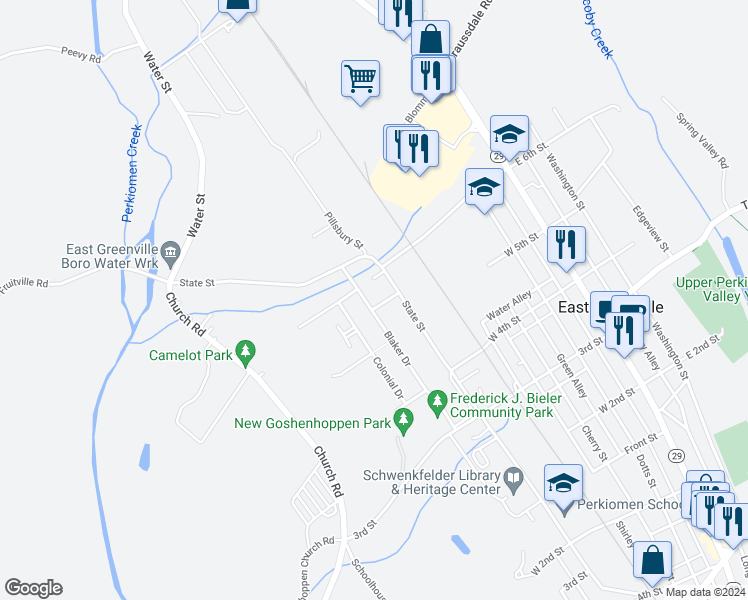 map of restaurants, bars, coffee shops, grocery stores, and more near 319 Forge Road in East Greenville