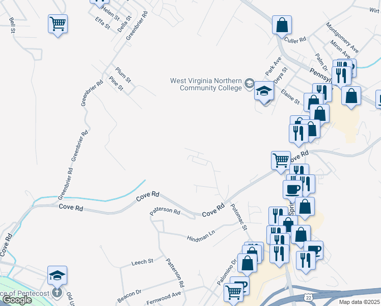 map of restaurants, bars, coffee shops, grocery stores, and more near 316 Heathermoor Drive in Weirton