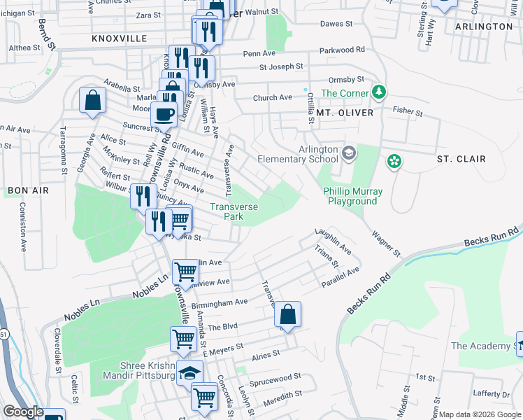 map of restaurants, bars, coffee shops, grocery stores, and more near 800 Transverse Avenue in Mount Oliver