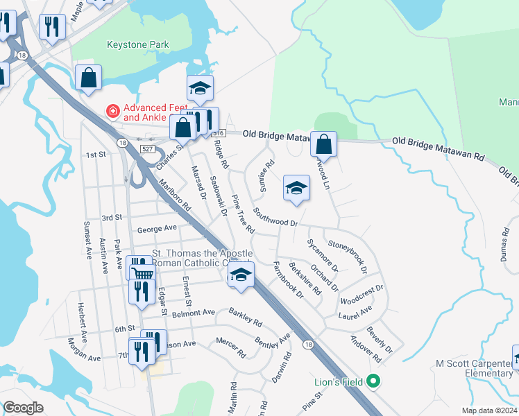 map of restaurants, bars, coffee shops, grocery stores, and more near 42 Southwood Drive in Old Bridge