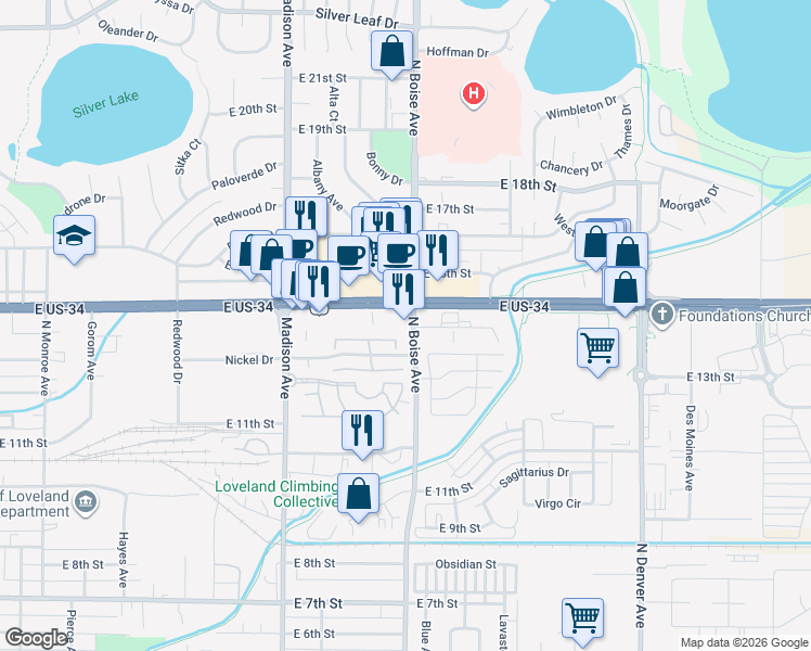 map of restaurants, bars, coffee shops, grocery stores, and more near 1600 East Eisenhower Boulevard in Loveland