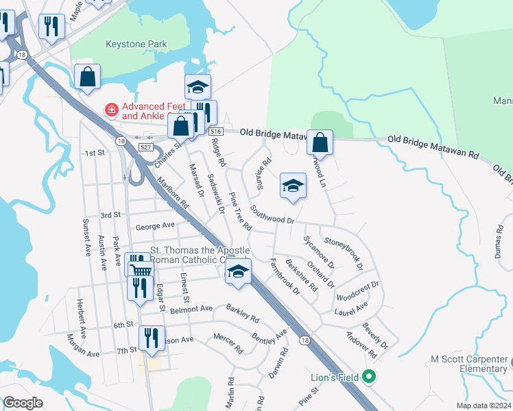map of restaurants, bars, coffee shops, grocery stores, and more near 42 Southwood Drive in Old Bridge