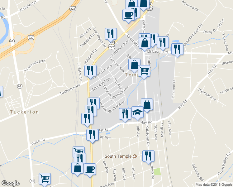 map of restaurants, bars, coffee shops, grocery stores, and more near 619 Columbia Avenue in Temple